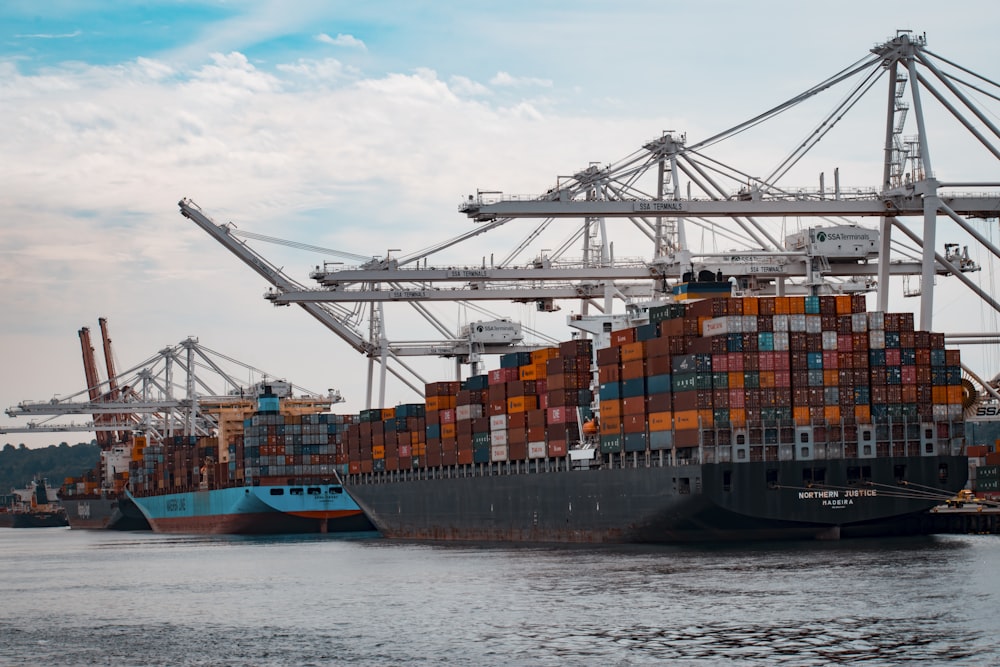 Container ship being loaded at a port terminal